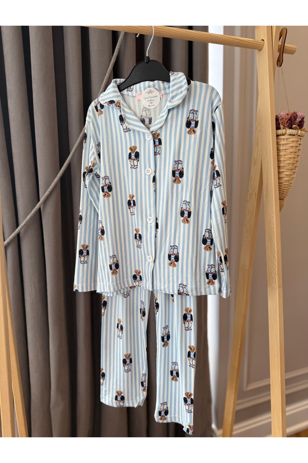 Babyaden Teddy Striped Pink / Blue Cotton Viscose Soft Front Buttoned Girl Boy Pajama Set