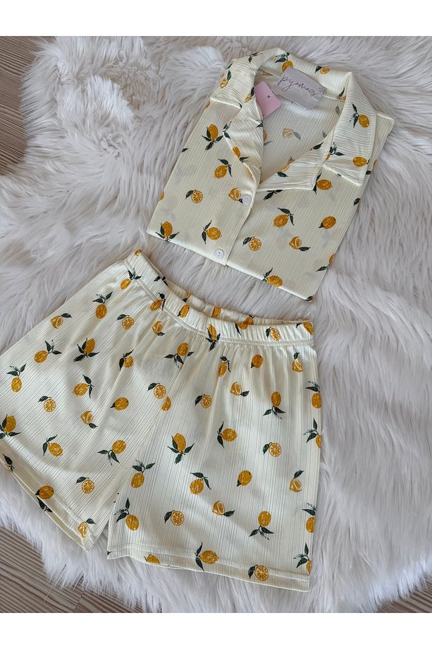 Sarı Limon Desenli Pegasus Şortlu Pijama Takımı - 4