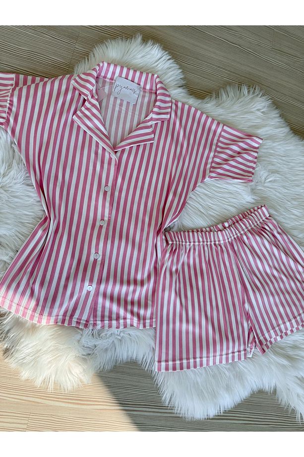 Pembe Çizgili Desenli Pegasus Şortlu Pijama Takımı - 6