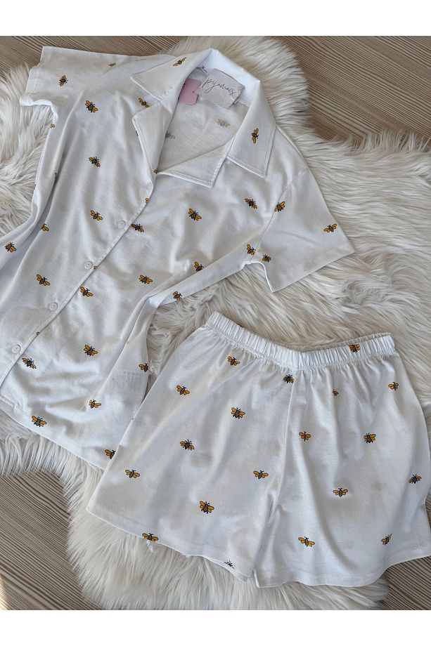 Minik Arı Desenli Pamuklu Kısa Kol Gömlek Yaka Şortlu Pijama Takımı - 7