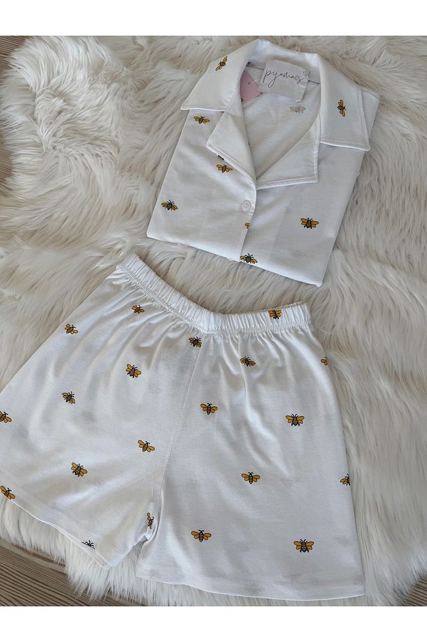 Minik Arı Desenli Pamuklu Kısa Kol Gömlek Yaka Şortlu Pijama Takımı - 4