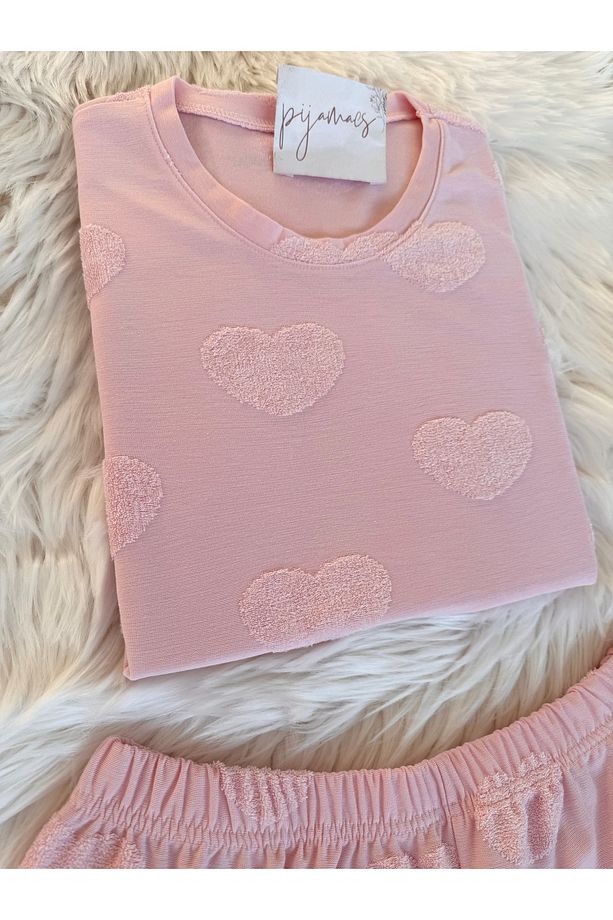Pembe Kalp Dokulu Fırfır Detaylı Jakarlı Şortlu Pijama Takımı - 3