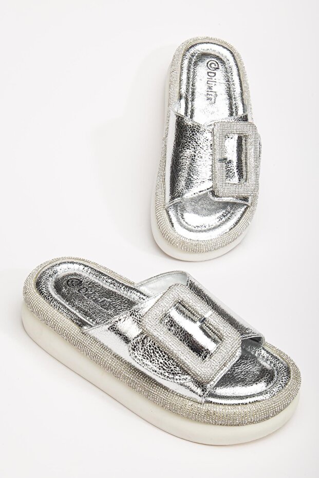 Women's Stone Wedge Heel Slippers Silver Sole Stone Detailed