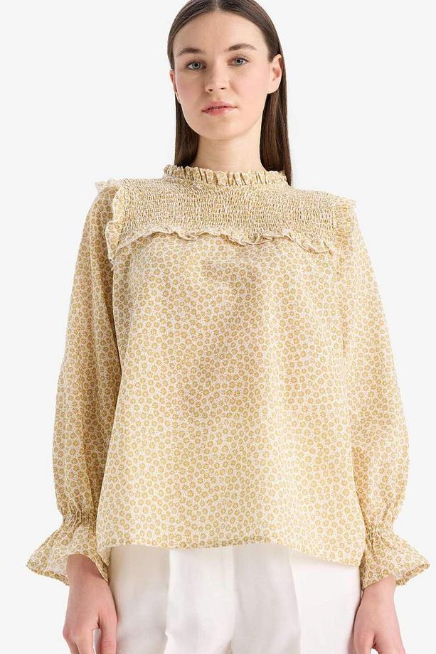 Regular Fit Desenli Fırfır Yaka Vual Uzun Kollu Tesettür Bluz Tunik E7966ax25sm - 1