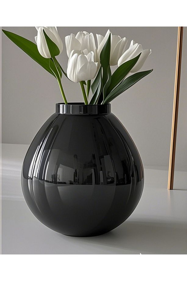 Parlak Siyah Cam Vazo Kalın El Yapımı Vazo 22*20 Cm - 1