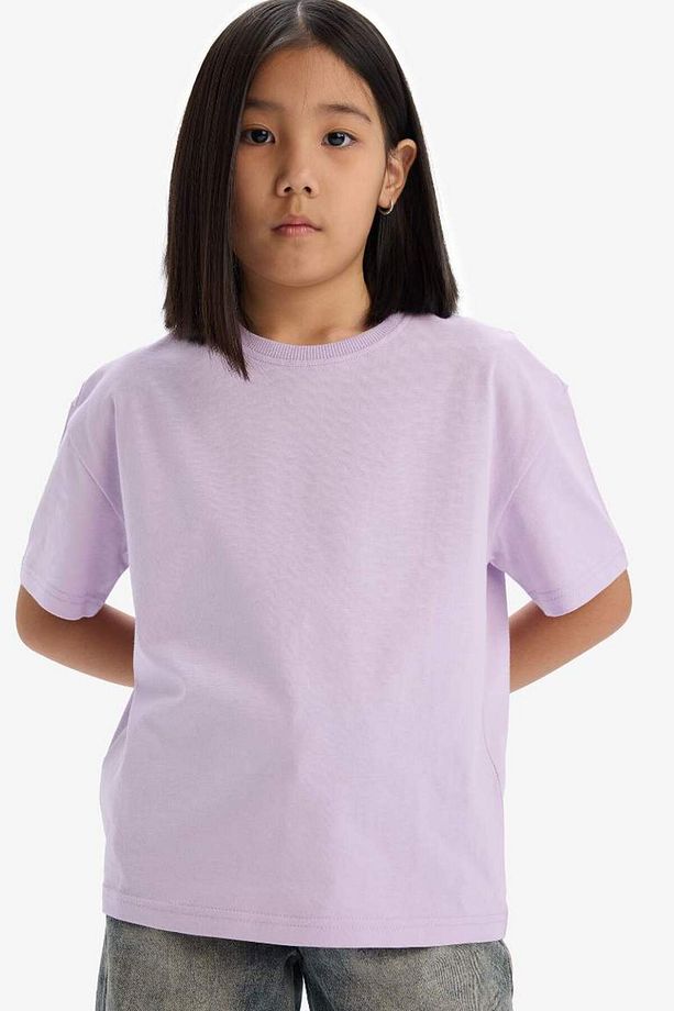 Yeni Sezon Kız Çocuk Relax Fit Bisiklet Yaka Basic Düz Kısa Kollu Tişört - 4