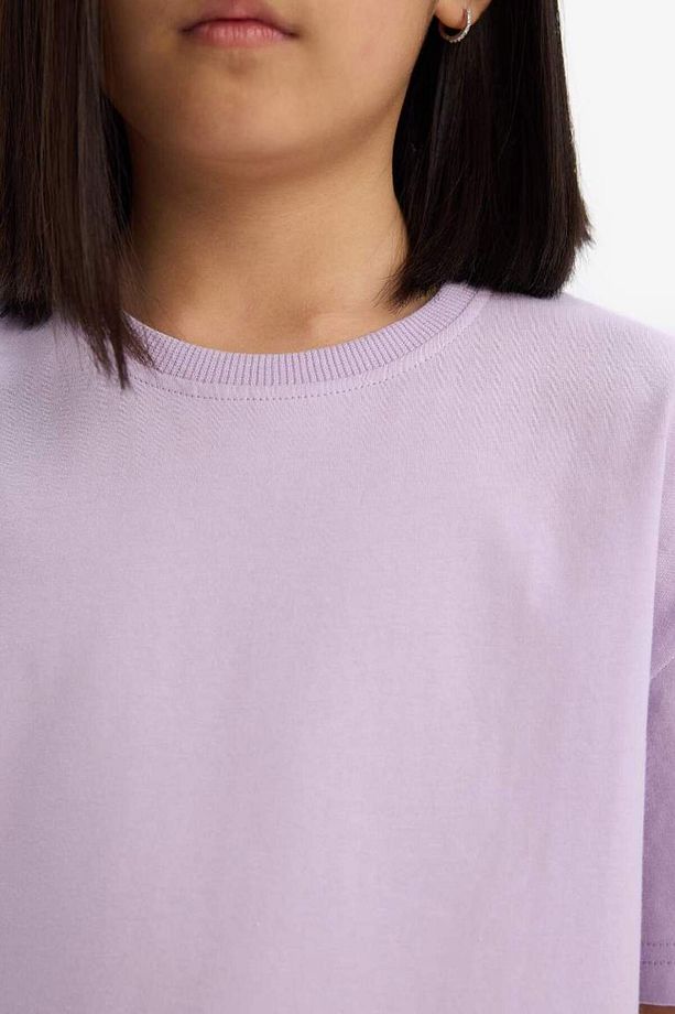 Yeni Sezon Kız Çocuk Relax Fit Bisiklet Yaka Basic Düz Kısa Kollu Tişört - 5