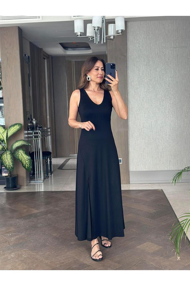 Siyah Sıfır Kol V Yaka Tek Yırtmaçlı Modal Kumaş Kadın Maksi Boy Elbise - 5