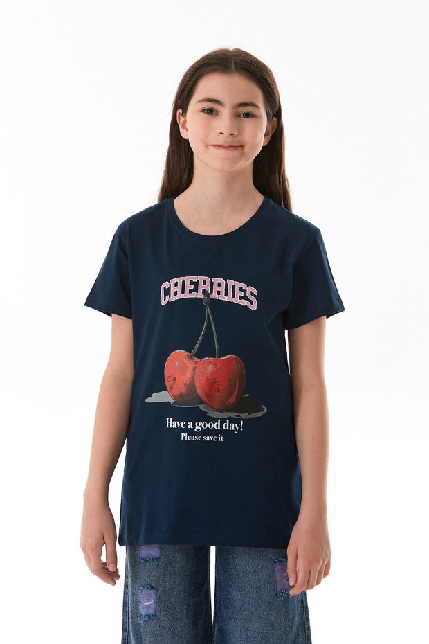 100% Cotton Cherry Printed Crew Neck Girl's T-Shirt