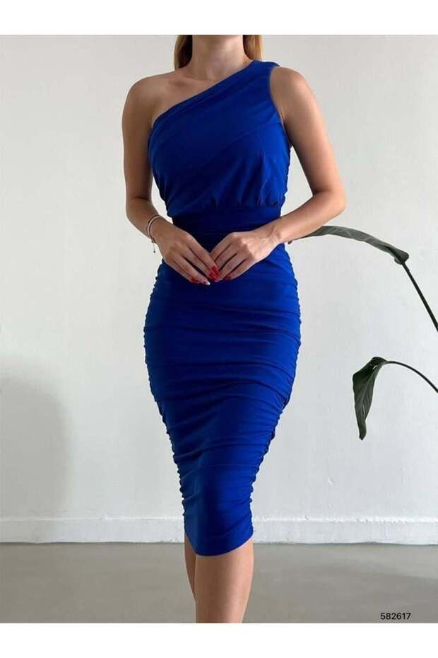 Tek Omuz Scuba Krep Elbise 582617 Saks - 1