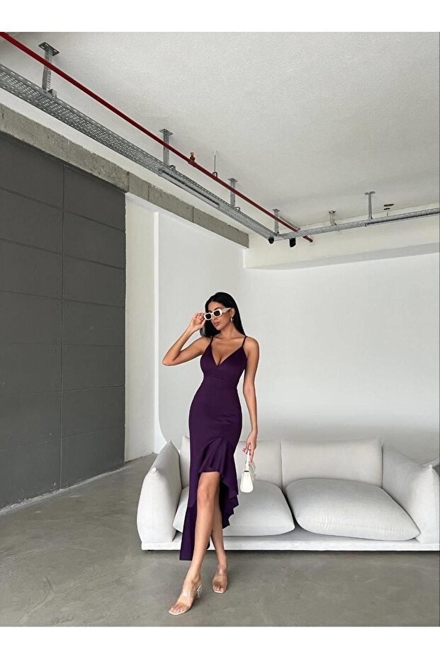 Thin Strap Skirt Asymmetrical Flounce Scuba Fabric Evening Dress 581708 Purple