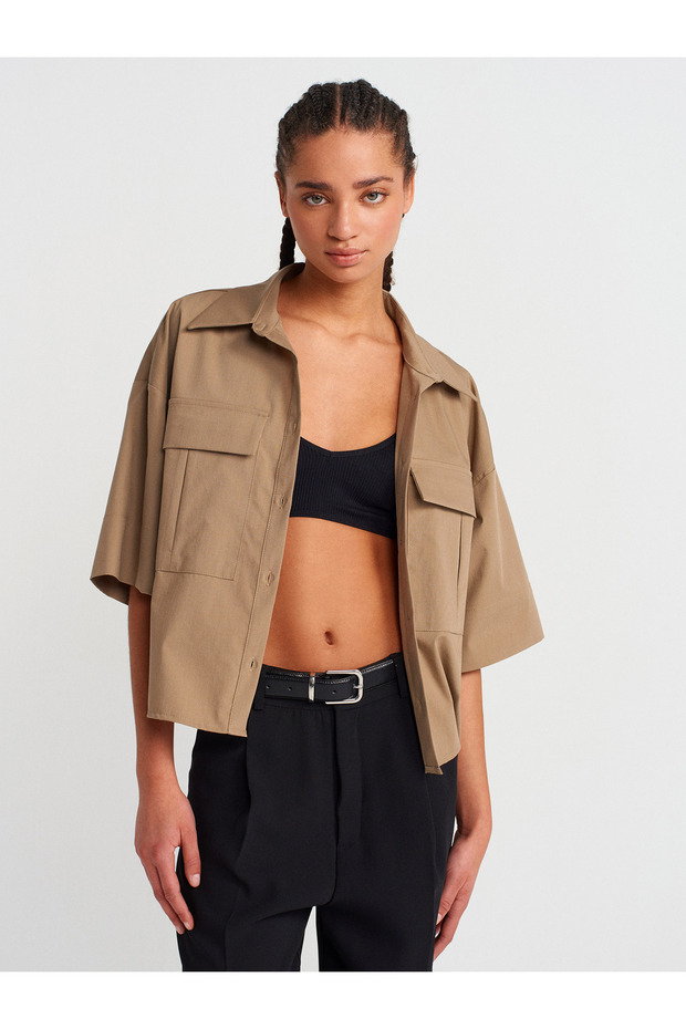 50495 Oversize Cepli Gömlek-Camel - 1