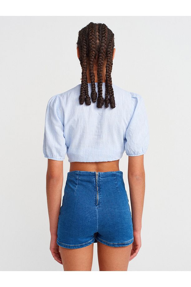 71799 Önü Yırtmaçlı Likralı Denim Şort Etek-Mavi - 2