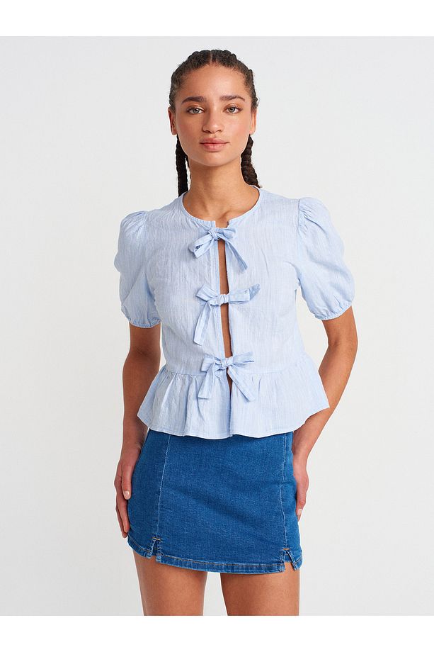 71799 Önü Yırtmaçlı Likralı Denim Şort Etek-Mavi - 4