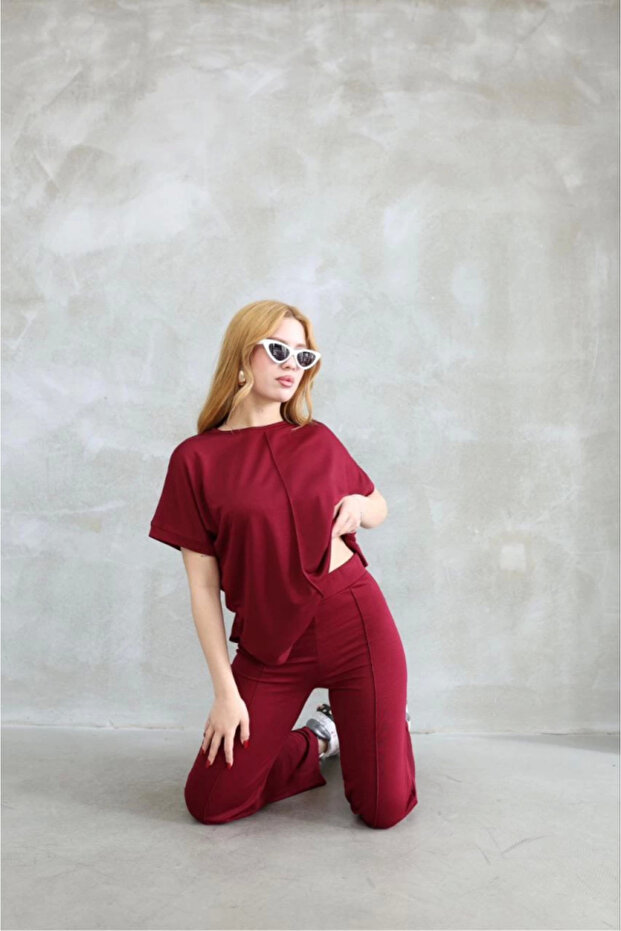 Osy Modal Soft Textured Fabric Crew Neck Short Sleeve Set - Claret Red