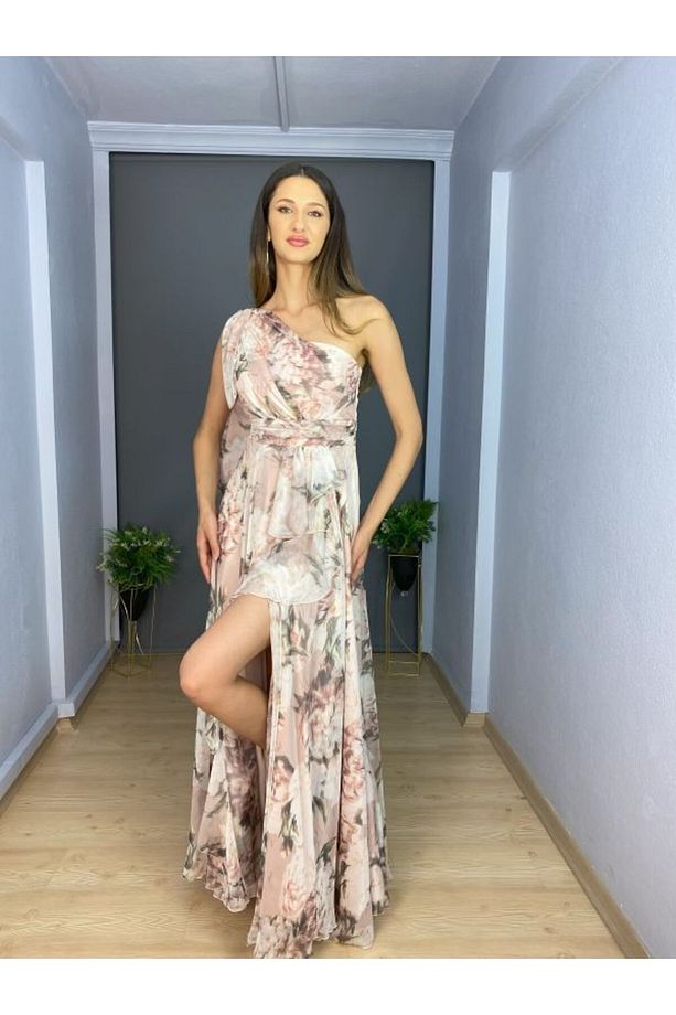 Pudra Desenli Şifon Tek Omuz Yırtmaçlı Uzun Abiye Elbise - 2