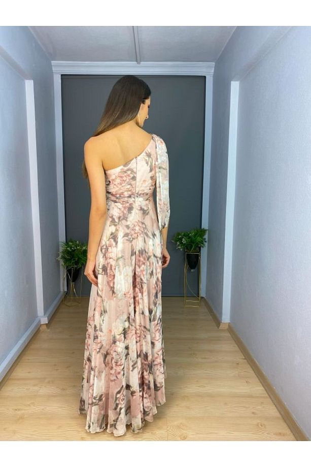Pudra Desenli Şifon Tek Omuz Yırtmaçlı Uzun Abiye Elbise - 3