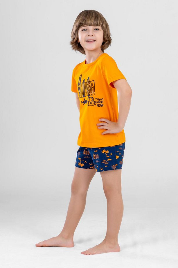 Erkek Çocuk Pamuklu Bisiklet Yaka Baskılı Kısa Kollu Şortlu Pijama Takımı 9613 Sarı - 3