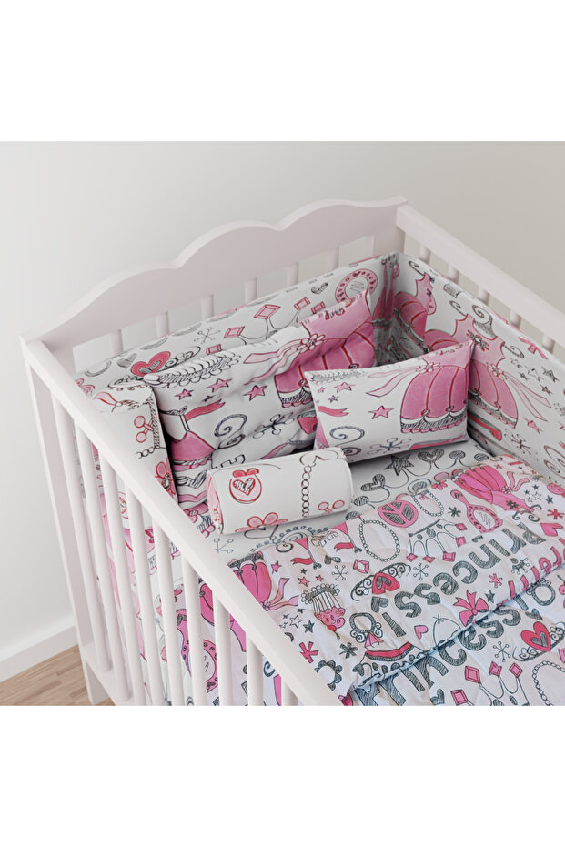 7-Piece Baby Crib Sleeping Set, Baby-Princess Cot Set, Size: 70 x 130 cm