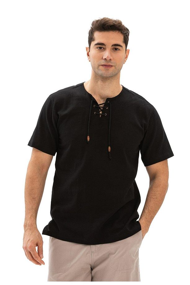 Kısa Kol Şile Bezi Zımbalı Erkek Yazlık Tshirt Siyah 3003 - 6