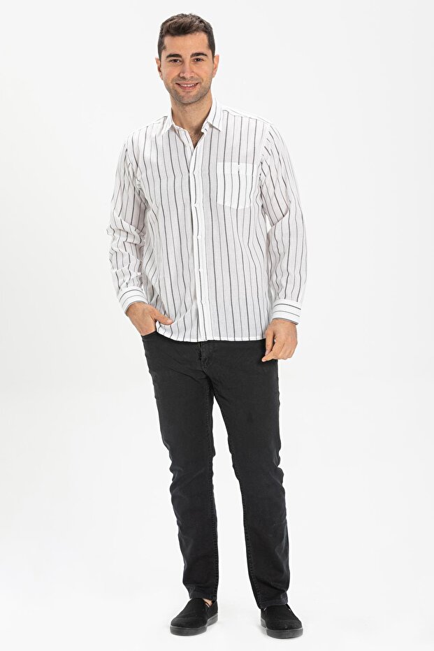 Long Sleeve Sile Cloth Single Pocket Men's Summer Shirt White Black Striped 3006
