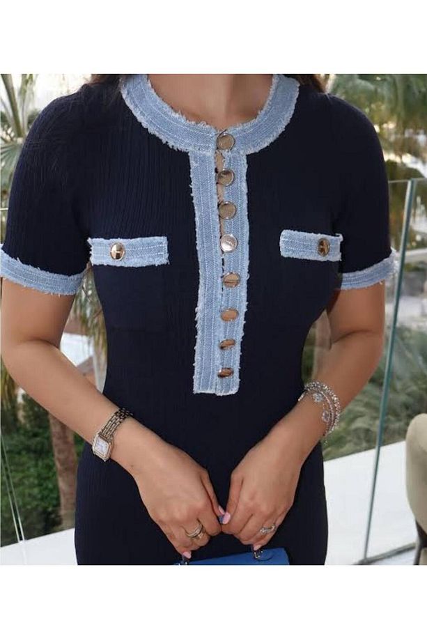 Yeni model-Triko Kot garnili Elbise - 3