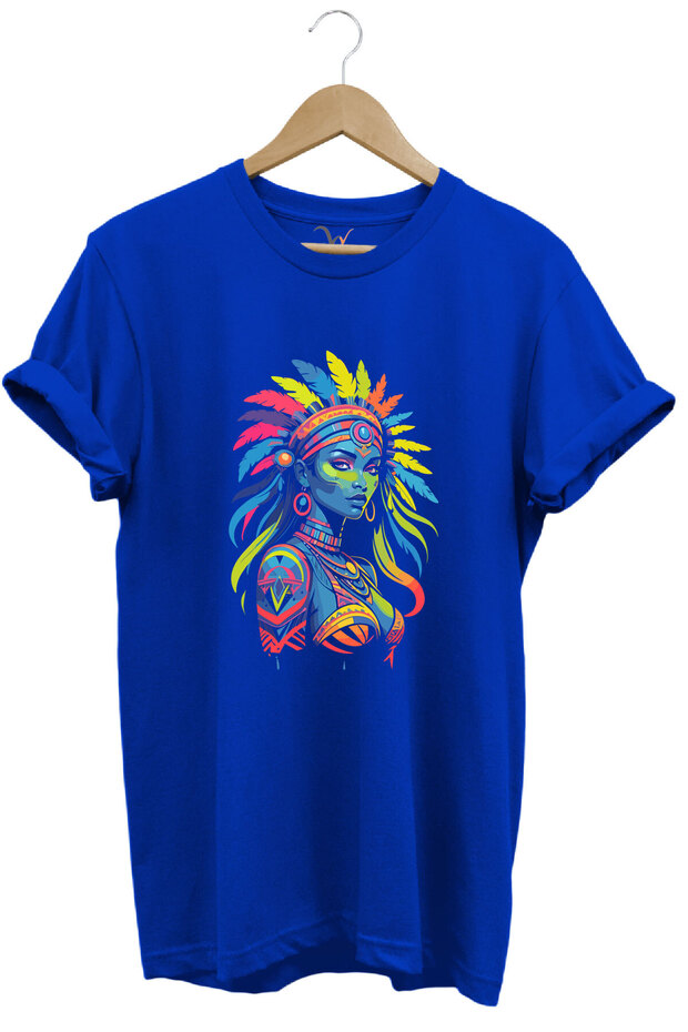 Colorful Native American Printed 100% Cotton Regular Fit Crew Neck Blue T-Shirt