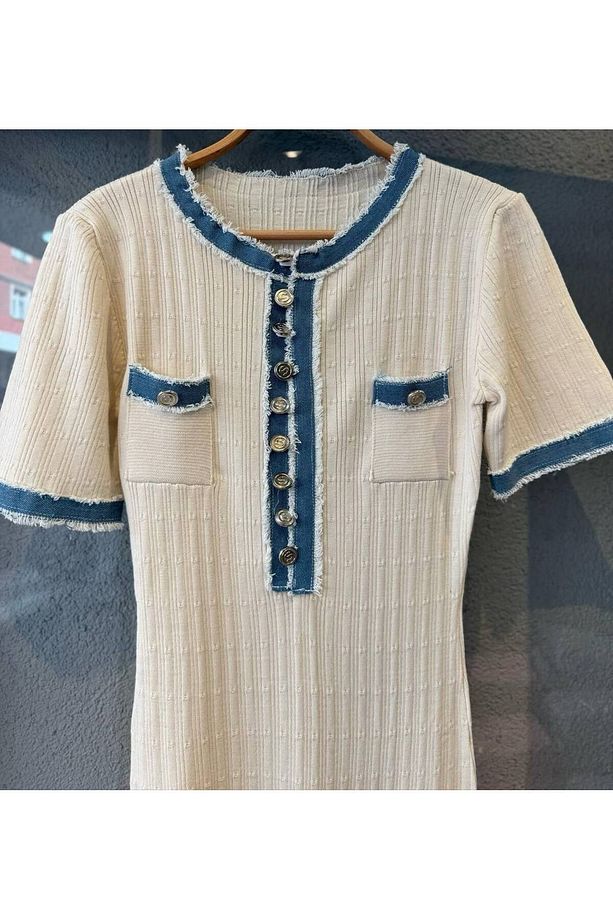 Yeni model-Triko Kot garnili Elbise - 1