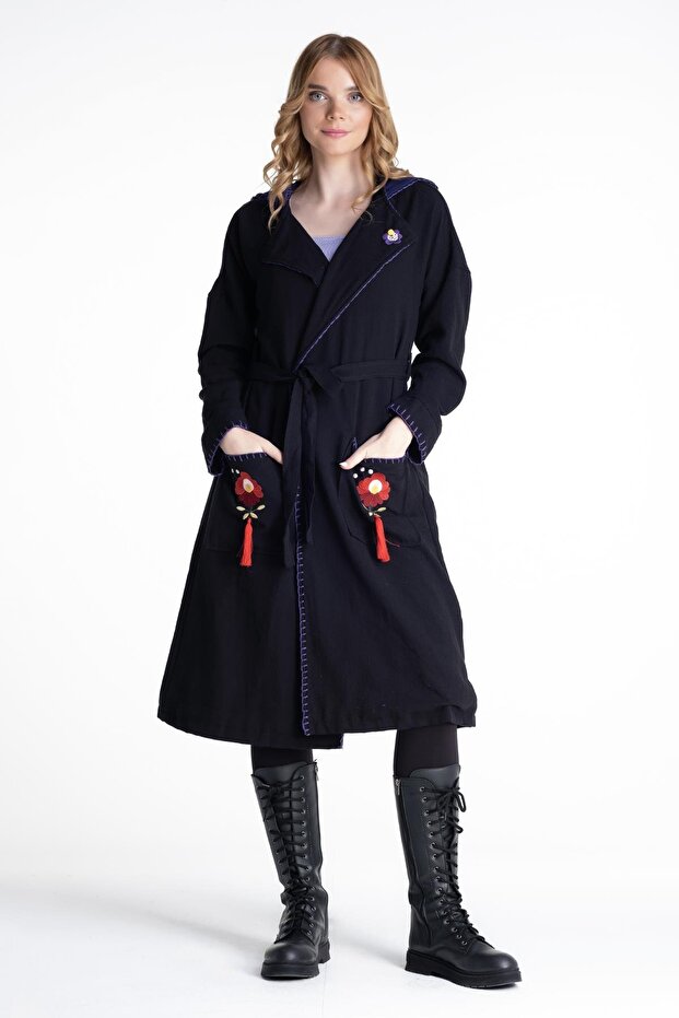 Long Sleeve Flannel Hazel Double Pocket Belt Detailed Autumn and Winter Jacket Black Black