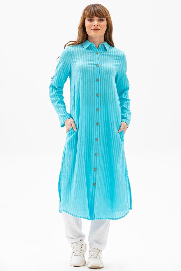 Long Sleeve Collared Seersucker Seasonal and Summer Tunic Turquoise Trkz