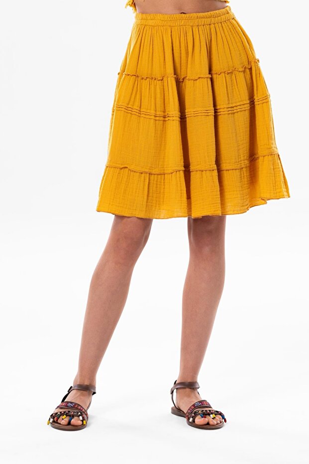 Benan Elastic Waist Short Summer Muslin Skirt Mustard Hrd