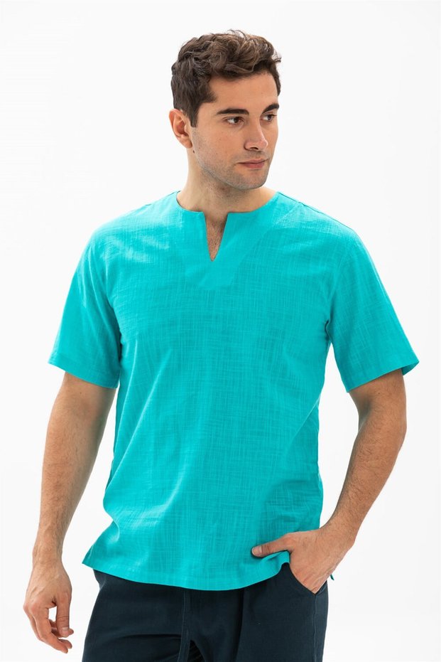 Short Sleeve Shile Cloth Crew Neck Men's Summer Tshirt Turquoise 3054