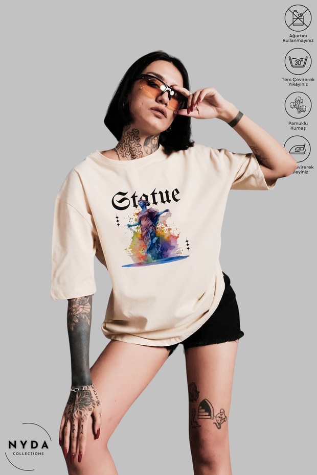Unisex Crew Neck Sculpture Statue Printed Cotton Oversize Short Sleeve T-Shirt