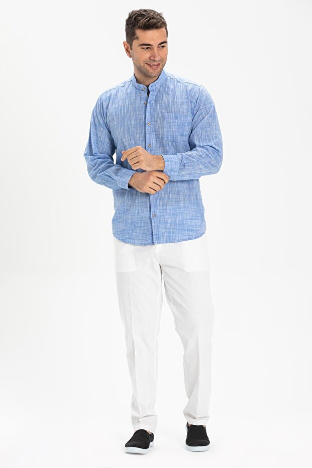 Long Sleeve Şile Cloth Judge Collar Single Pocket Men's Summer Shirt Blue Melted 3077
