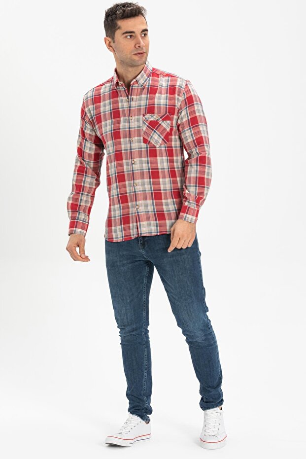 Long Sleeve Narrow Fit Şile Cloth Single Pocket Men's Summer Shirt Red Navy Blue Plaid 3057