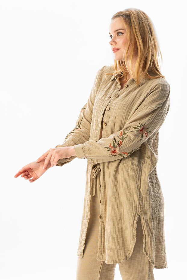 Long Sleeve Deck Shirt Collar Summer Muslin Tunic Mink Vzn