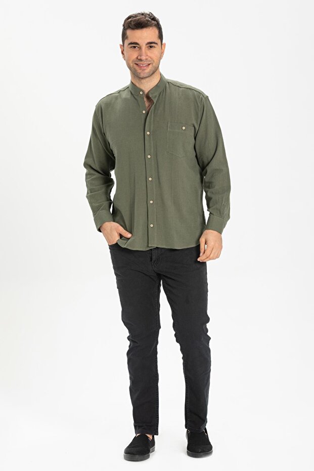 Long Sleeve Şile Cloth Judge Collar Single Pocket Men's Summer Shirt Khaki 3049
