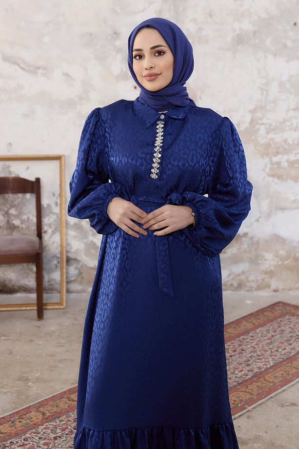 Liya Taşlı Jakar Elbise - İndigo - 4