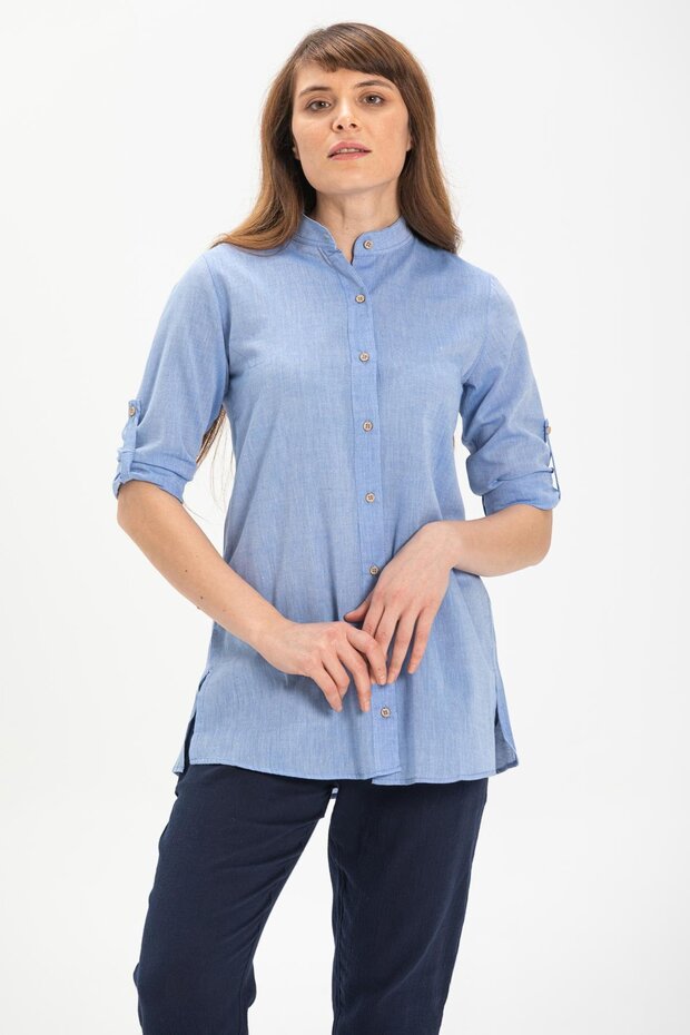 Women's Şile Bezi Hakim Collar Summer Tunic Blue 3032