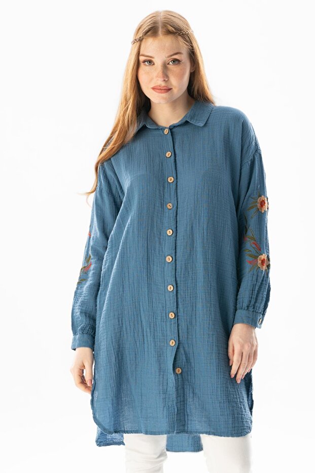 Long Sleeve Deck Shirt Collar Summer Muslin Tunic Indigo indg