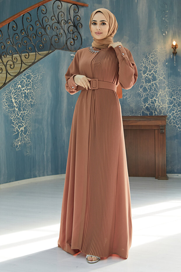 Piliseli Kemerli Elbise - Camel - 1