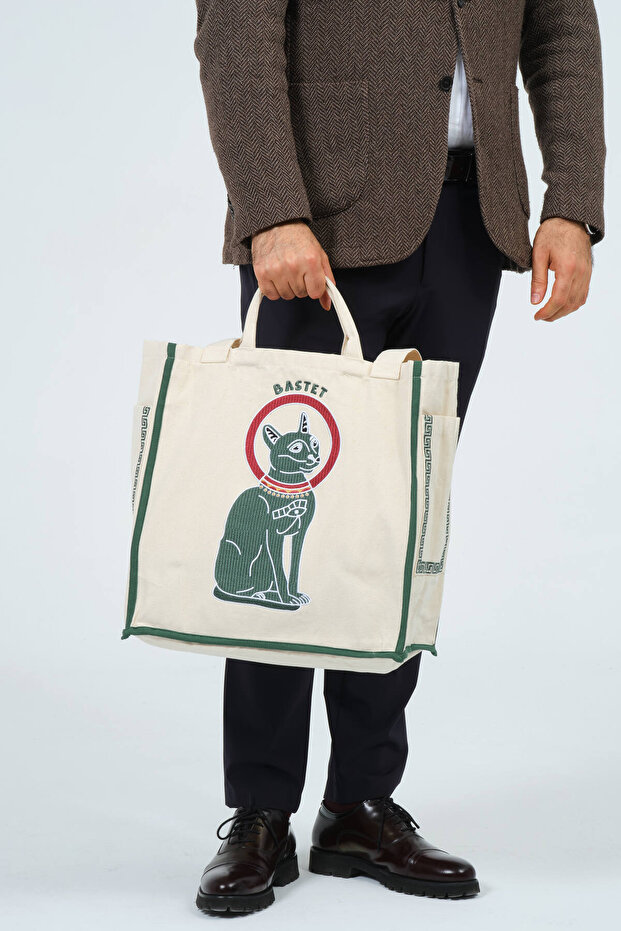 Bastet Nakış İşlemeli %100 Pamuk Çok Cepli Fonksiyonel Bez Çanta - 6