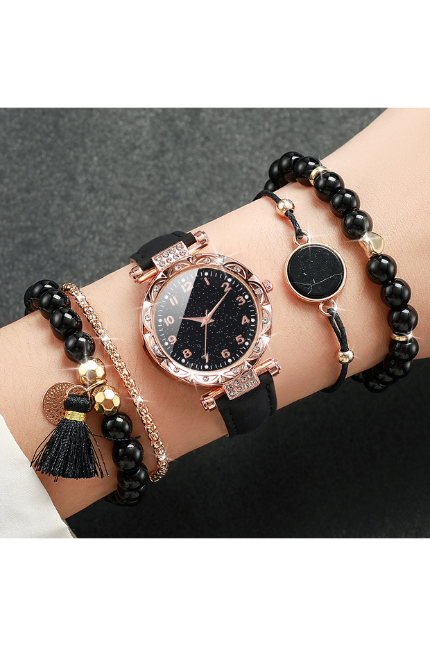 HH10524 5PCS/Set Women's Watch Fashion Rhinestone Leather Band Quartz Watch Beads Bracelets Set(With