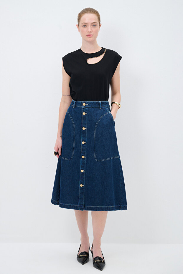 Düğmeli Denim Etek - 5