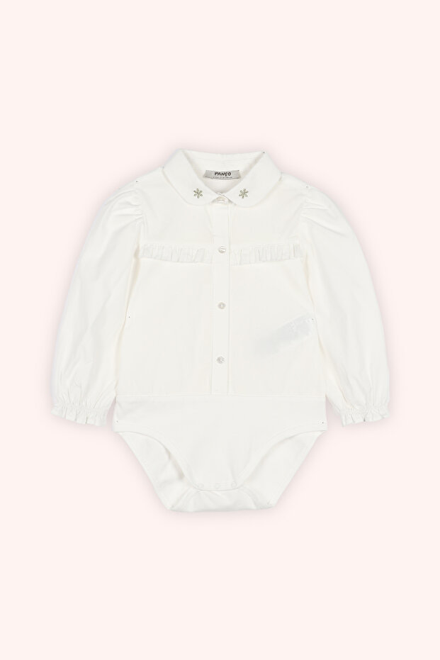 Baby Girl Collared Ecru Body Shirt with Embroidery Detail