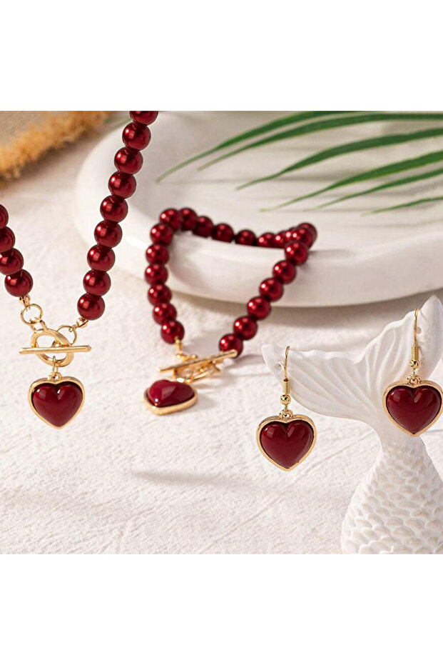 AMS80059R 3 PCS Set Pearl Effected Rose Charm Imitation Pearl Necklace Bracelet Earring Stud Set Hea