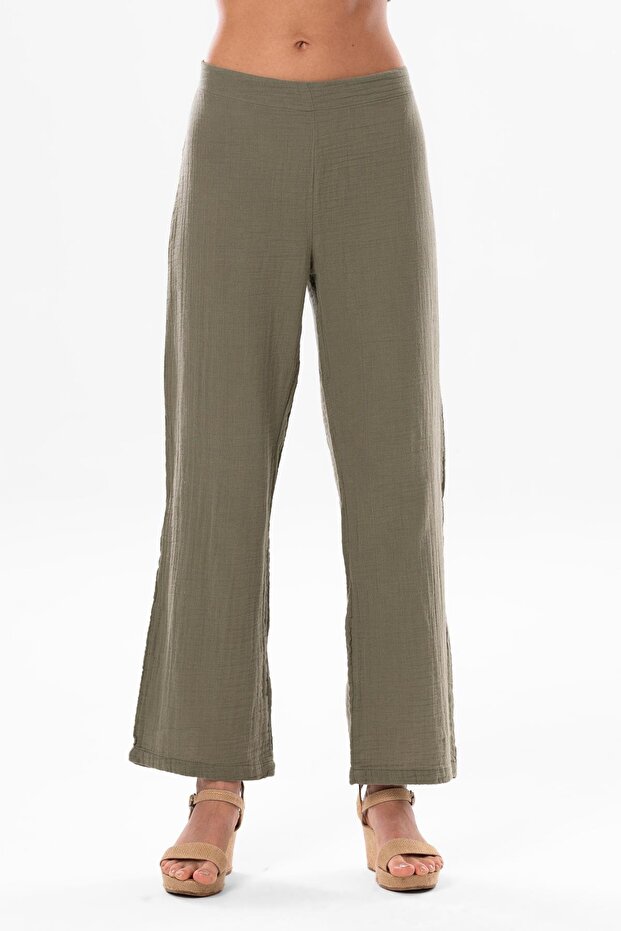 Geranium Elastic Waist Muslin Trousers Khaki Hk