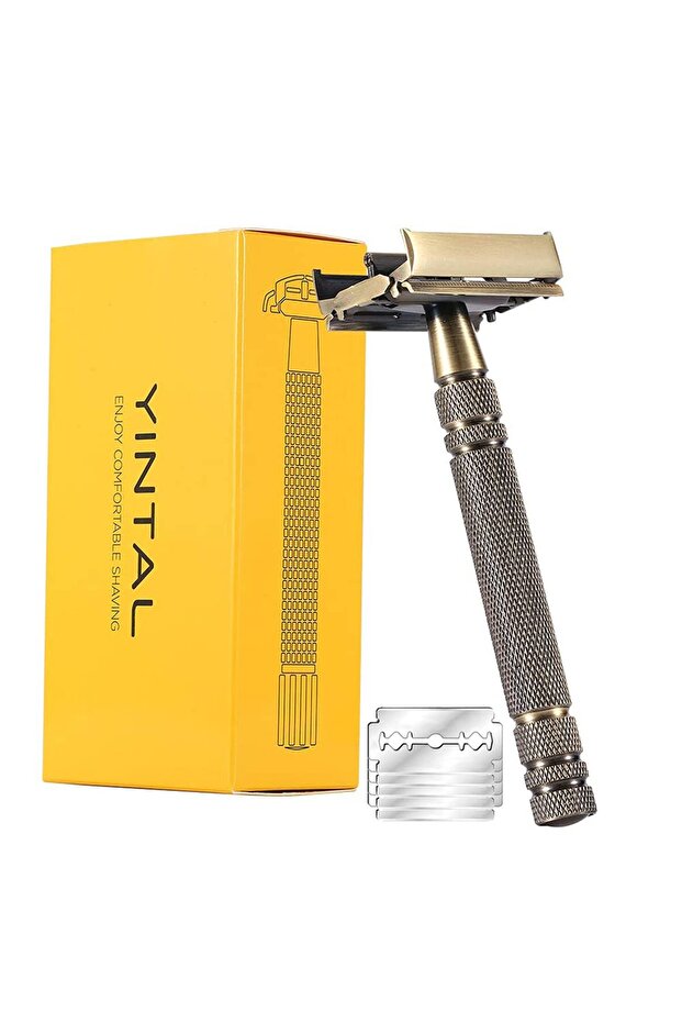 razor with 5 blades YINTAL Men's Bronze Classic Double-sided Manual Razor Long Handle Safety Razors