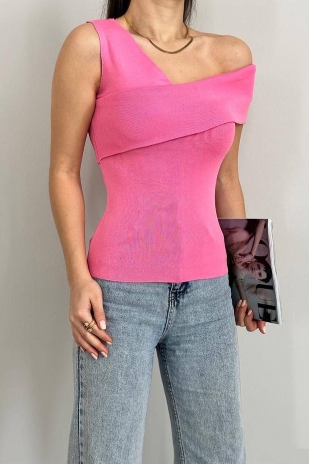 Women's Asymmetrical Collar Knitwear Pink Crop Blouse 0265