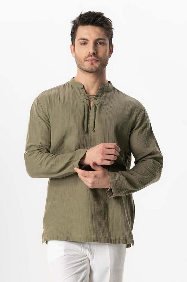 Uzun Kol Doruk V Yaka Bağcıklı Müslin Erkek Yazlık Tshirt Haki Hk - 1